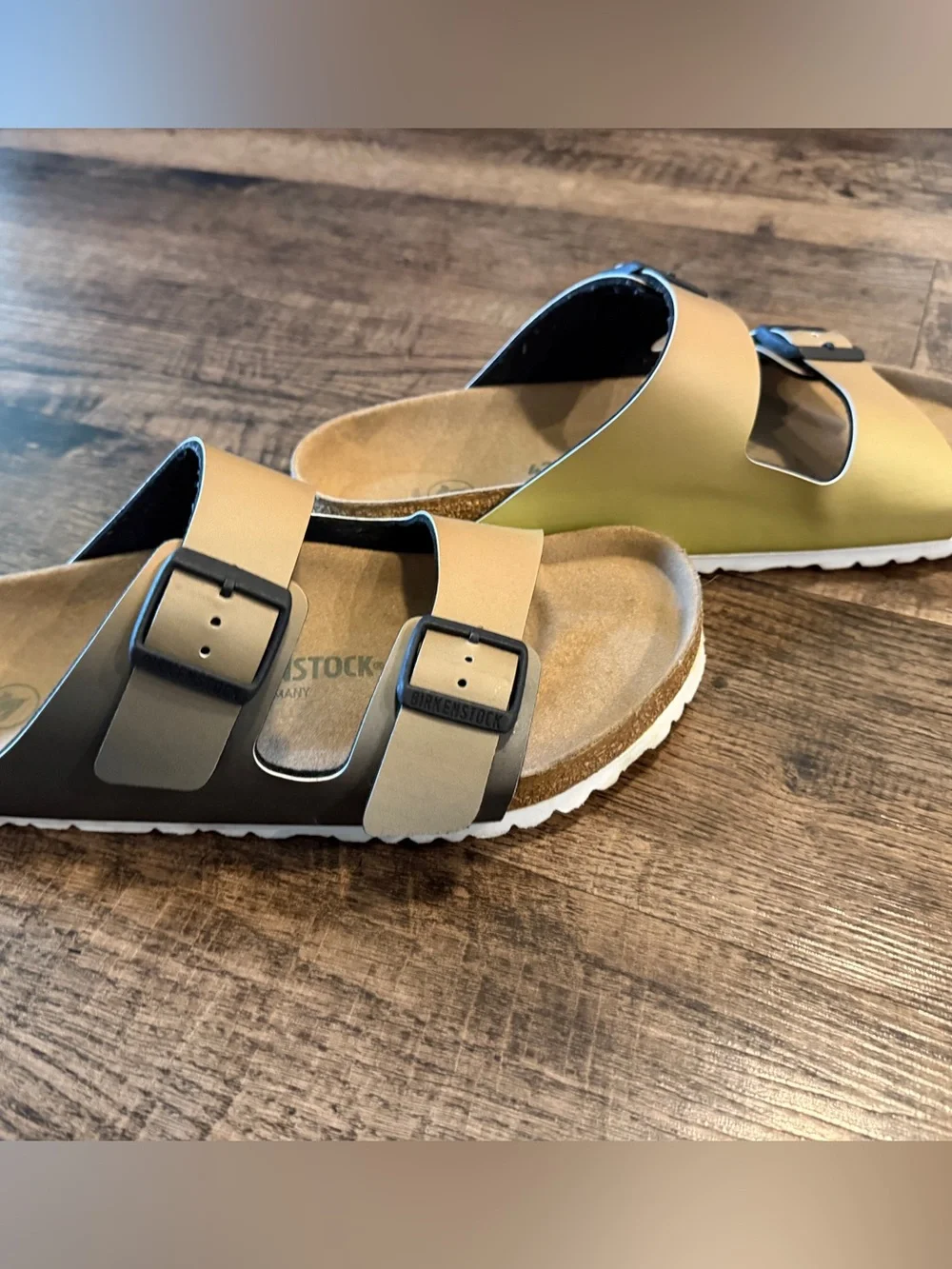 Birkenstock Men’s Two-Strap Sandals in Tan and green